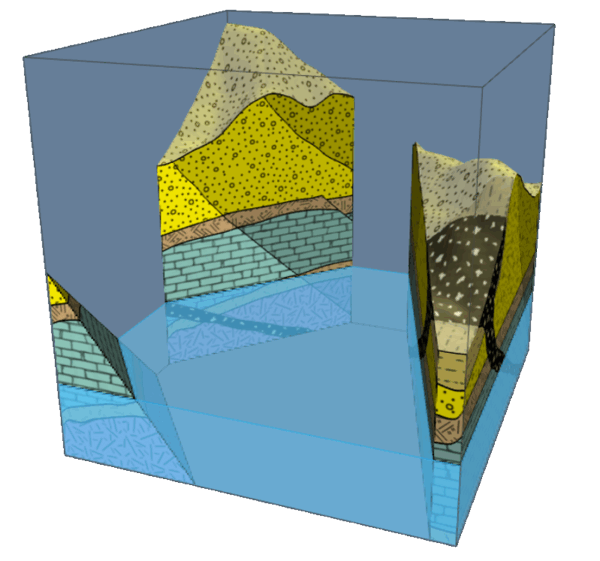 Block with sections cut away, revealing the interior against a flat water level