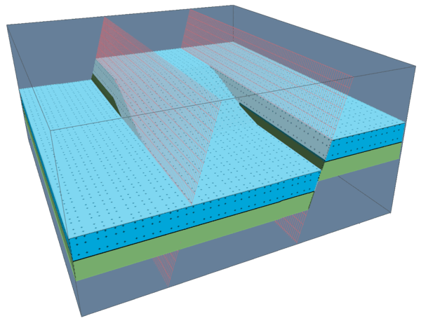 Two overlapping normal faults shown as transparent red planes, with the coloured layers bending into a relay ramp between the fault tips
